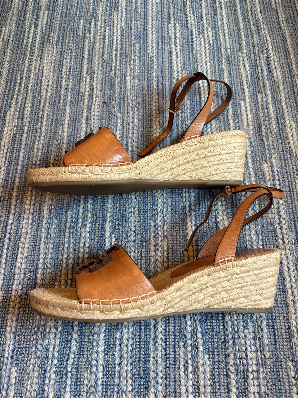 Tory Burch Cognac Leather Espadrille Wedge Sandals - Picture 3 of 5